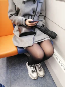 Cute Redhead in Black Pantyhose Sitting in Public Train Candid Photos