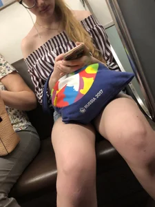 Legs in Denim Shorts Subway Creepshot - Cute Girl in Glasses and Striped Dress