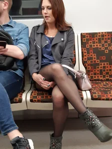 Girl Sitting Cross-Legged in Black Pantyhose Subway Creepshot