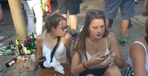 Pretty girl downbloused showing her puffy nipples and bonus friend with nice cleavage