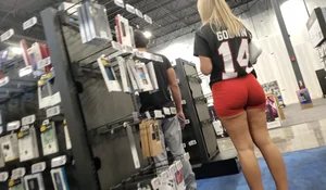 Thick blonde beautiful shape in red Shorts / Not OC