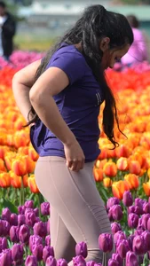 Cute babe in tight leggings taking pictures in flower fields