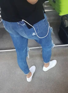 Booty And Legs in Tight Blue Jeans Closeup Creepshot
