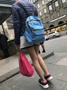 Girl With Skinny Legs in Pahtyhose and a Skirt Walking Down the Stairs Street Candid Gallery