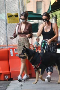 Emily Ratajkowski in mini skirt out for a walk with a friend in New York