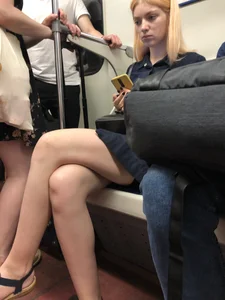 Blonde with Hot Long Legs in Sandals and a Dress Subway Train Candid