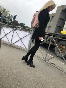 Cute Smoking Hot Blonde in High-Heeled Shoes and Tight Pants on the Crosswalk Candid Photo Collection