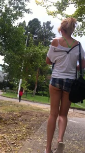 Cute Blonde in Mini Shorts Walking in the Park Candid Photo