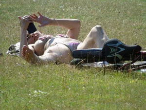 Bikini girl laying out in the park