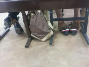 Under Desk Photo Of Candid College Girls in Flats And Pantyhose
