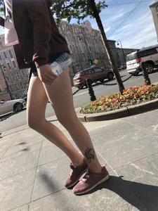 Amazing Thin Tattooed Legs in Denim Mini-Shorts Street Candid Photos Gallery