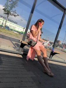 Smoking Hot Girl in a Dress and Slippers Sitting on the Bus Stop - Perfect Legs