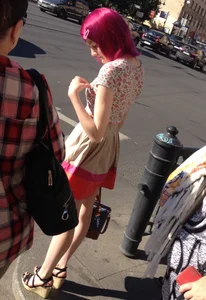 Cute Skinny Girl With Purple Hair in a Dress and Sandals With High Heels Street Creepshot