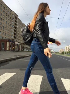 Hot Girl in Tight Blue Jeans And Bright Pink Sneakers on a Crosswalk Street Booty Creepshots Collection