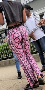 Ebony babes in pink patterned and black leggings with nice asses
