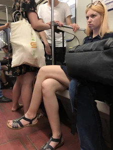 Blonde with Hot Long Legs in Sandals and a Dress Subway Train Candid