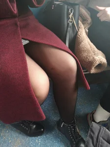 Girl in a Coat and Black Pantyhose Public Train Creepshots Collection