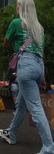 Blonde girl wearing blue jeans with a great ass street creepshots