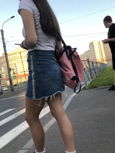 Girl in Denim Skirt with Hot Skinny Legs Street Candid