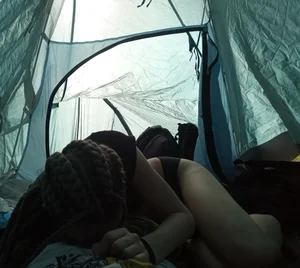 Candid Girl Lying in a Tent in Panties