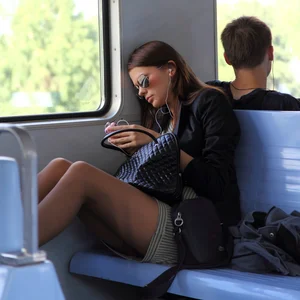 Girl in Pantyhose, Skirt And Sunglasses Public Train Creepshot