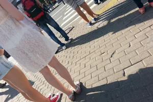 Hot Girl in Lacy Transparent Dress and Sandals with Her Panties Visible City Candid