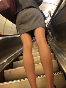 Thin Legs in Pantyhose Subway Escalator Closeup