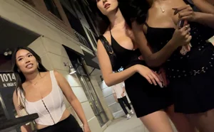 Bimbo trio helping w/directions - the tallest one has NICE (probably) fake tits! [oc]