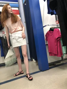 Redhead in Sandals and Skirt with Skinny Legs Candids