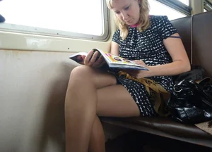 Sexy girls in skirts, stockings and upskirts on the train