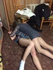 Girls in Pantyhose Messing Around on the Floor Candid