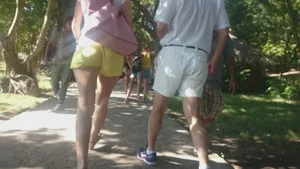 Milf in yellow shorts with vpl and a wedgie