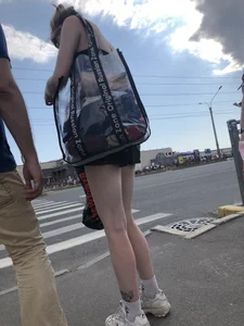 Girl in a Short Dress With Long Pale Fit Tattooed Legs on the Crosswalk Creepshots