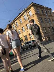 Skinny Legs in Denim Shorts City Street Candid Pics