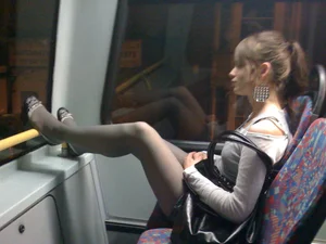 Teen in Grey Pantyhose And Flats Hot Bus Creepshot