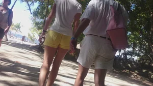 Milf in yellow shorts with vpl and a wedgie