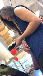 asian milf in tight pants hiding her VPL bends over for me