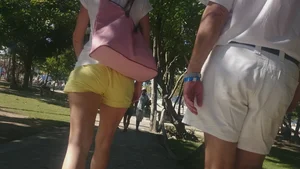 Milf in yellow shorts with vpl and a wedgie