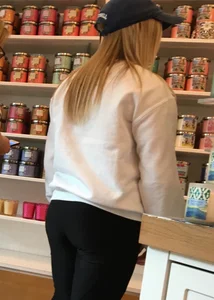 Thick blonde shopping in leggings with a nice booty