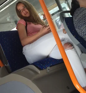 Cute Teen in White Jeans Bus Candid Photo