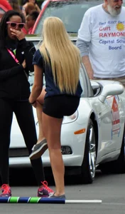 Blonde teen in tight spandex black shorts