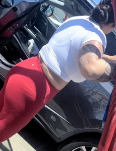 Big tit busty Asian VPL red leggings at car wash