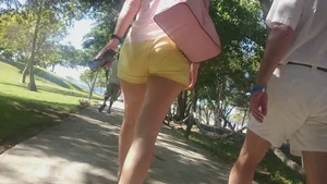 Milf in yellow shorts with vpl and a wedgie