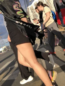 Cute blonde candid teen crossing the street