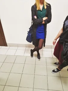 Blonde College Girl's Legs in Black Pantyhose - Short Blue Dress Creepshots