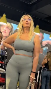 Plump Dumpy Blonde MILF in turquoise two-piece Spandex