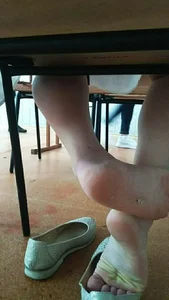 College Girl’s Feet With Flats Taken Off Under Table Candid Photos