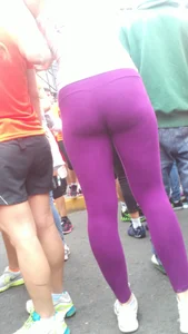 Girl out with a friend in purple leggings with a nice ass and slight vtl