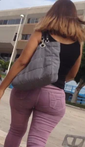 Black babe with a nice ass in tight jeans and vpl