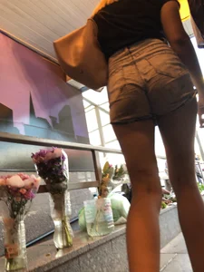 Teen in Denim Shorts Walking up the Stairs Closeup Creepshots
